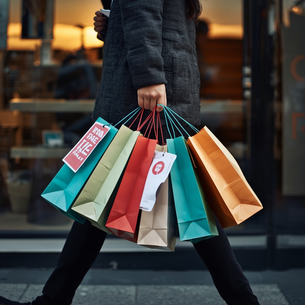 A shopper carrying multiple shopping bags with sale tags visible, walking near a storefront with warm sunset lighting